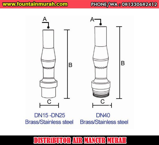 Dimensi Ukuran Nozzle Air Mancur Frothy Nozzle